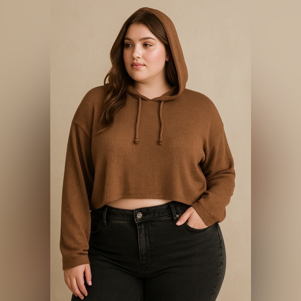 Nasty Gal Chocolate Brown Ribbed Cropped Hoodie Womens US 16 Grunge Granola Girl